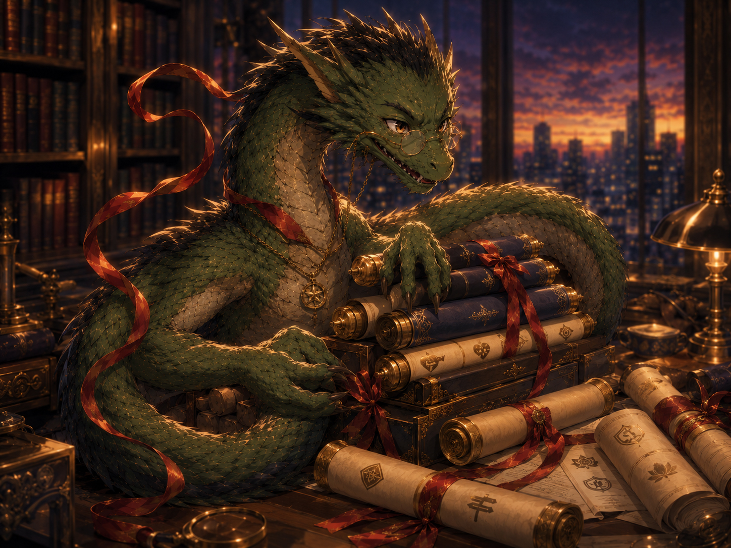 Benefits Dragon guarding benefit scrolls in an office library