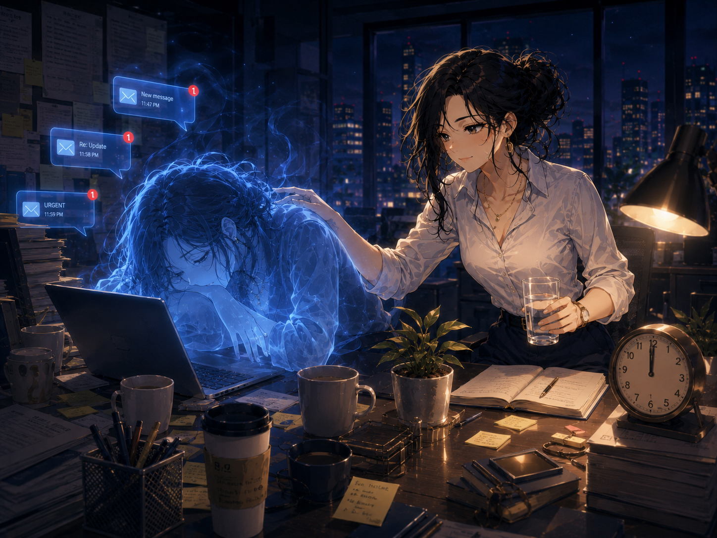 Burnout balance midnight laptop scene