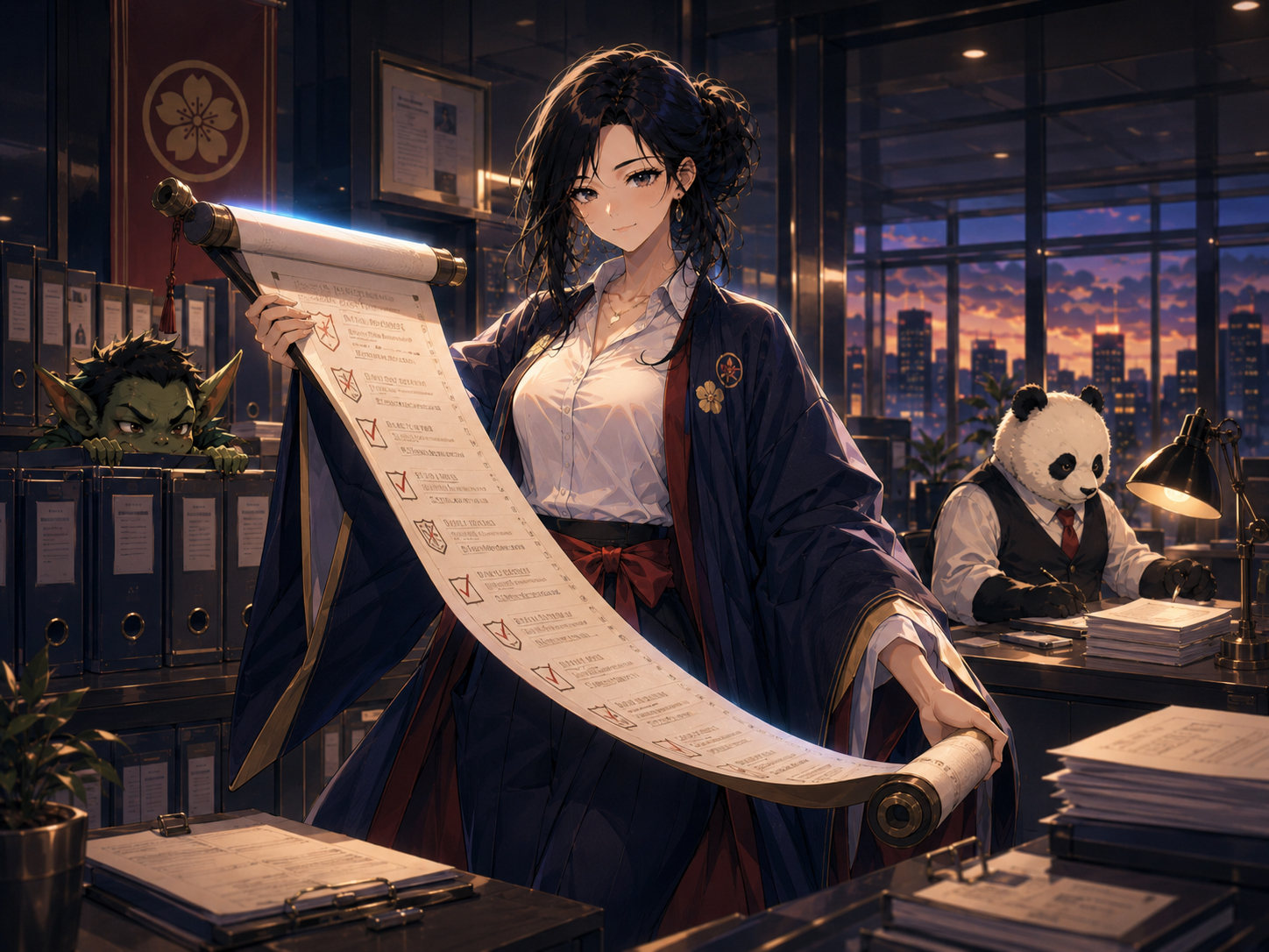 Compliance Samurai holding a policy scroll in a dramatic office scene