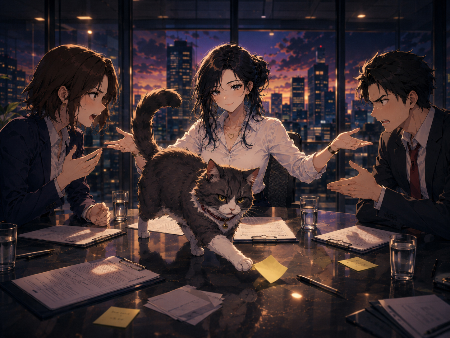 Conflict Cat enters a tense meeting room