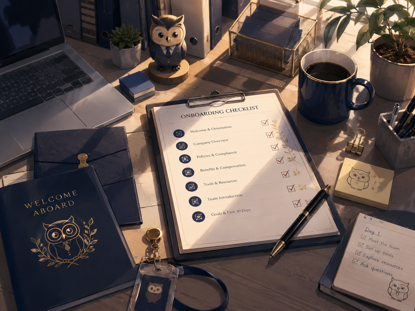 Onboarding checklist desk with welcome materials