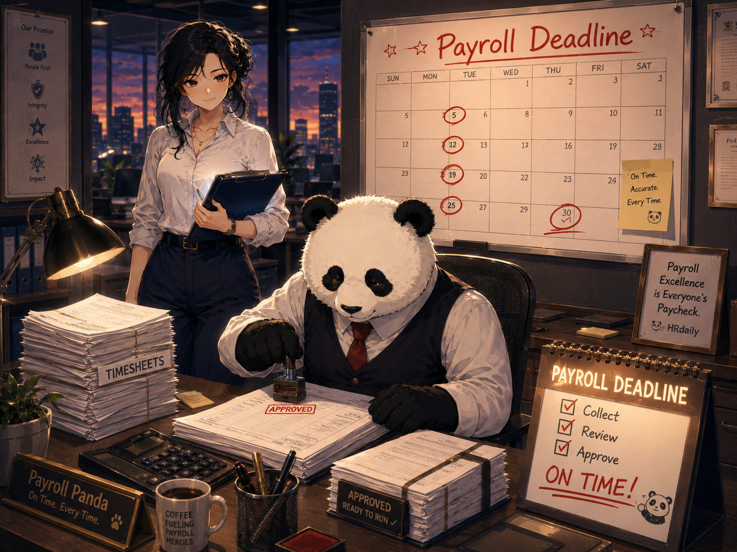 Payroll calendar deadline scene with Payroll Panda