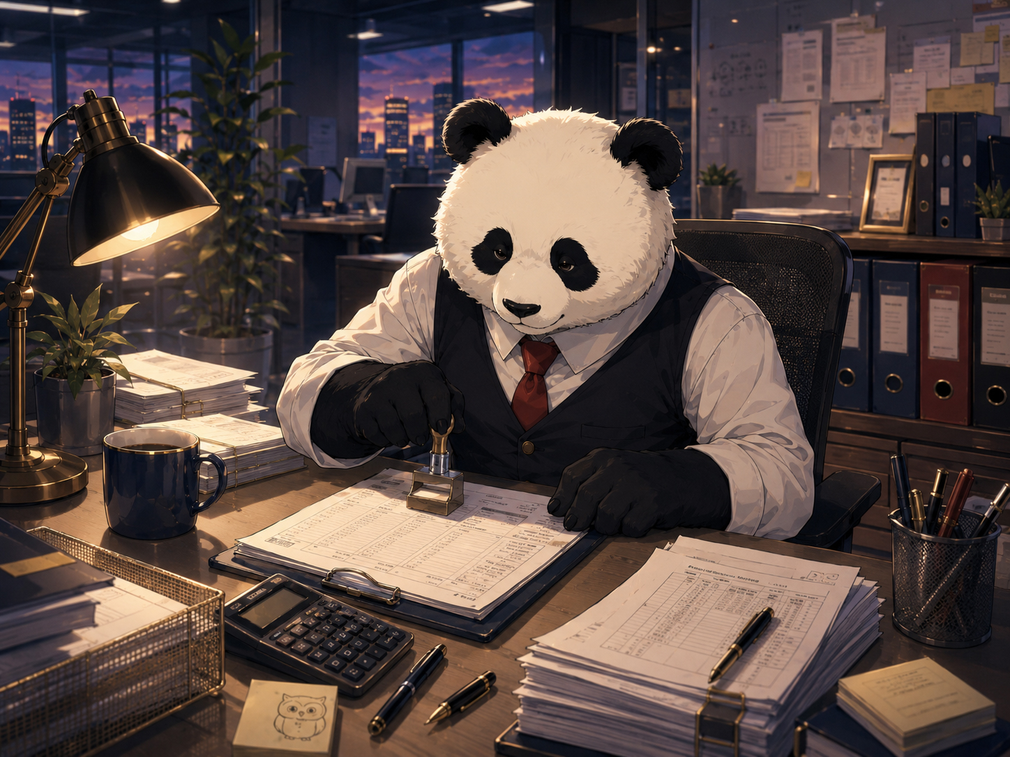 Payroll Panda reviewing timesheets at a desk